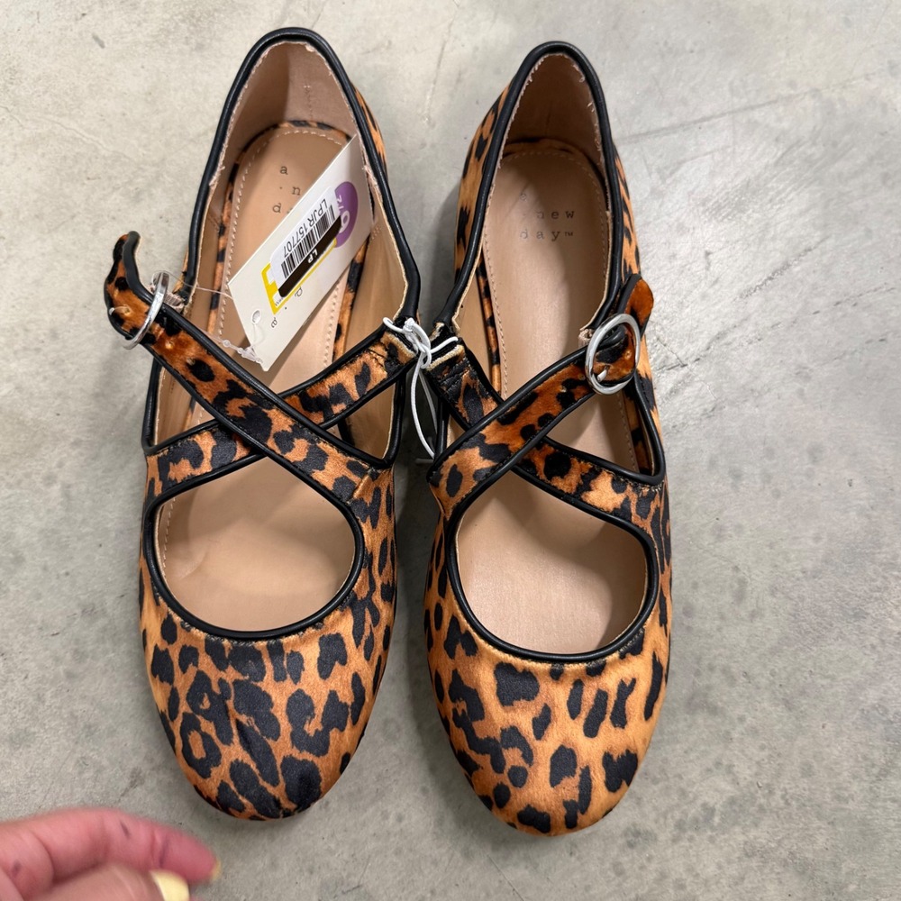 A New Day Leopard Print Crisscross Mary Jane Flats Brown Animal Print Size 6.5